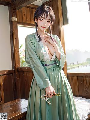 A woman in a blue kimono is posing for the camera.