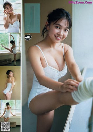 A collage of photos of a woman in a school uniform.