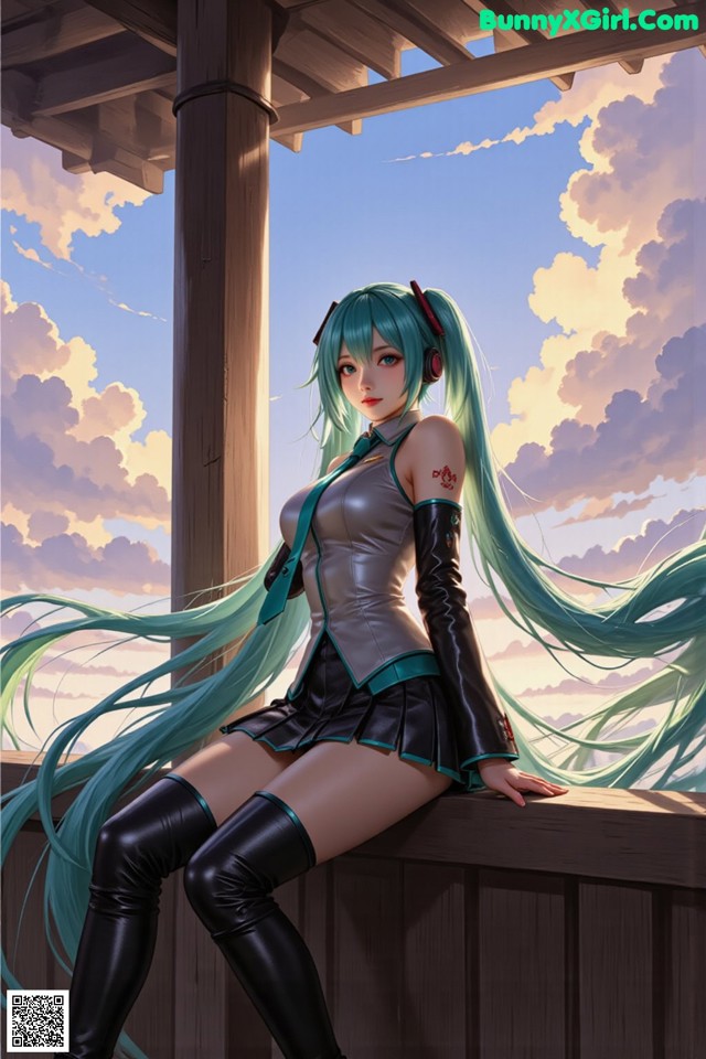 A woman with long green hair sitting on a wooden bench.