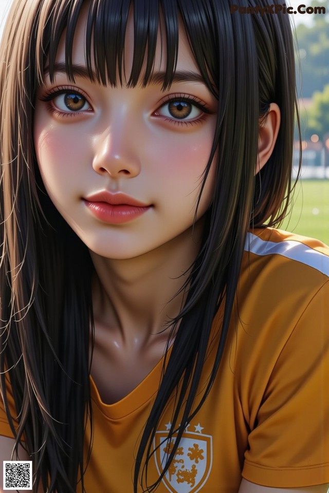 A girl with long black hair wearing a yellow shirt.