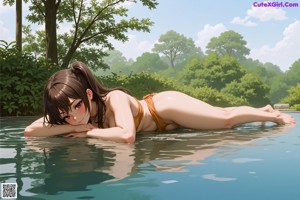 A naked woman sitting on the edge of a swimming pool.